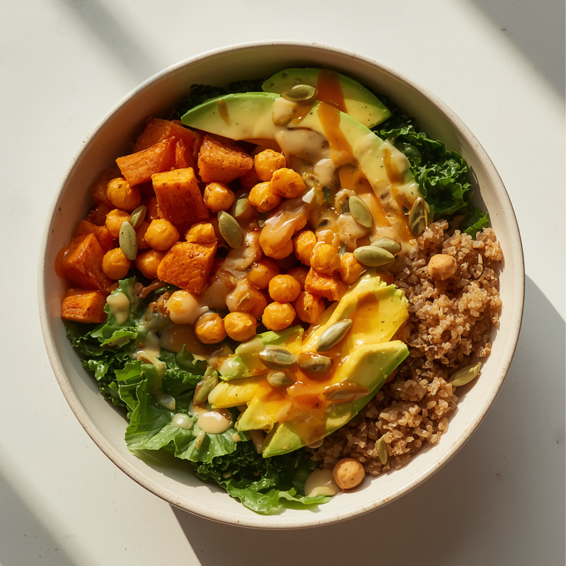 i Am Hot Honey roasted sweet potato wellness bowl with crispy chickpeas, kale, quinoa, avocado, pumpkin seeds, and a drizzle of hot honey