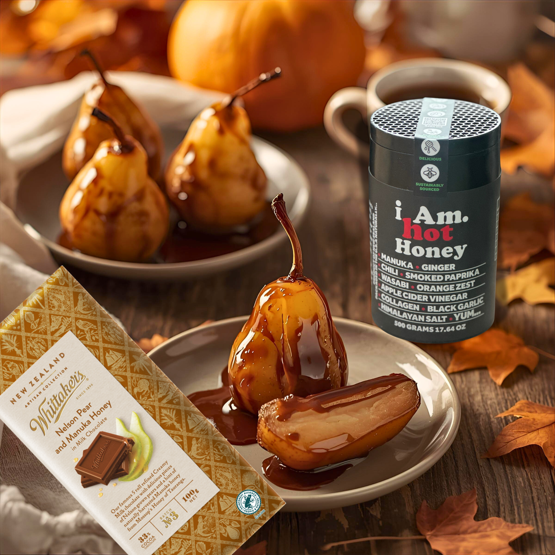 Hot Honey Roasted Pears with Whittaker’s Manuka Honey Pear Chocolate Drizzle