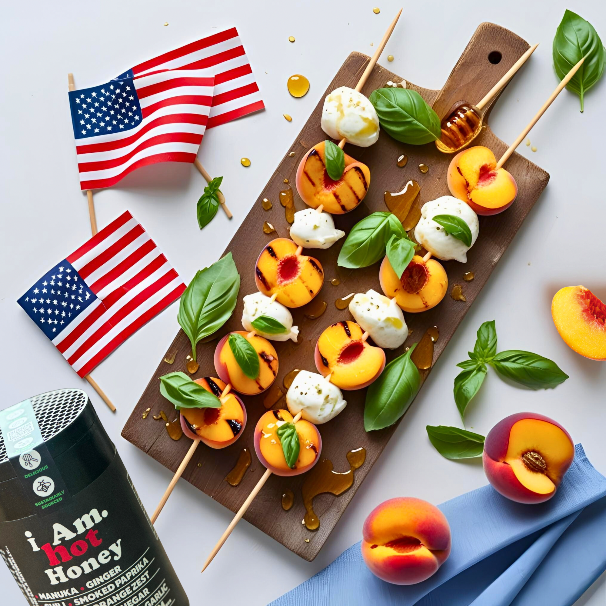 Stars, Stripes, sizzle - I Am Hot Honey Grilled Peach and Burrata Skewers 
