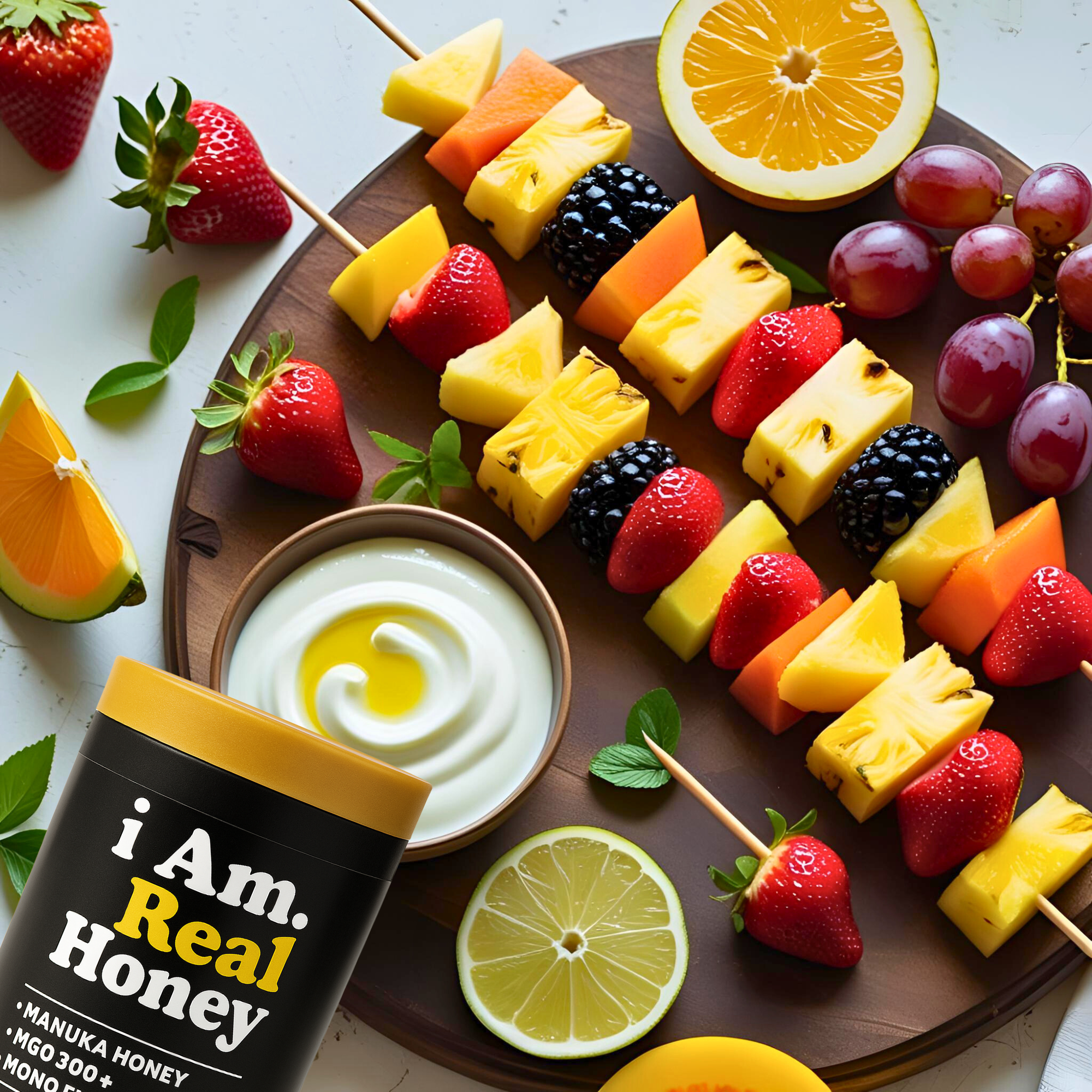 REAL HONEY SUMMERTIME VIBES.. FRUIT SKEWERS AND DIP THAT STEAL THE BBQ SHOW