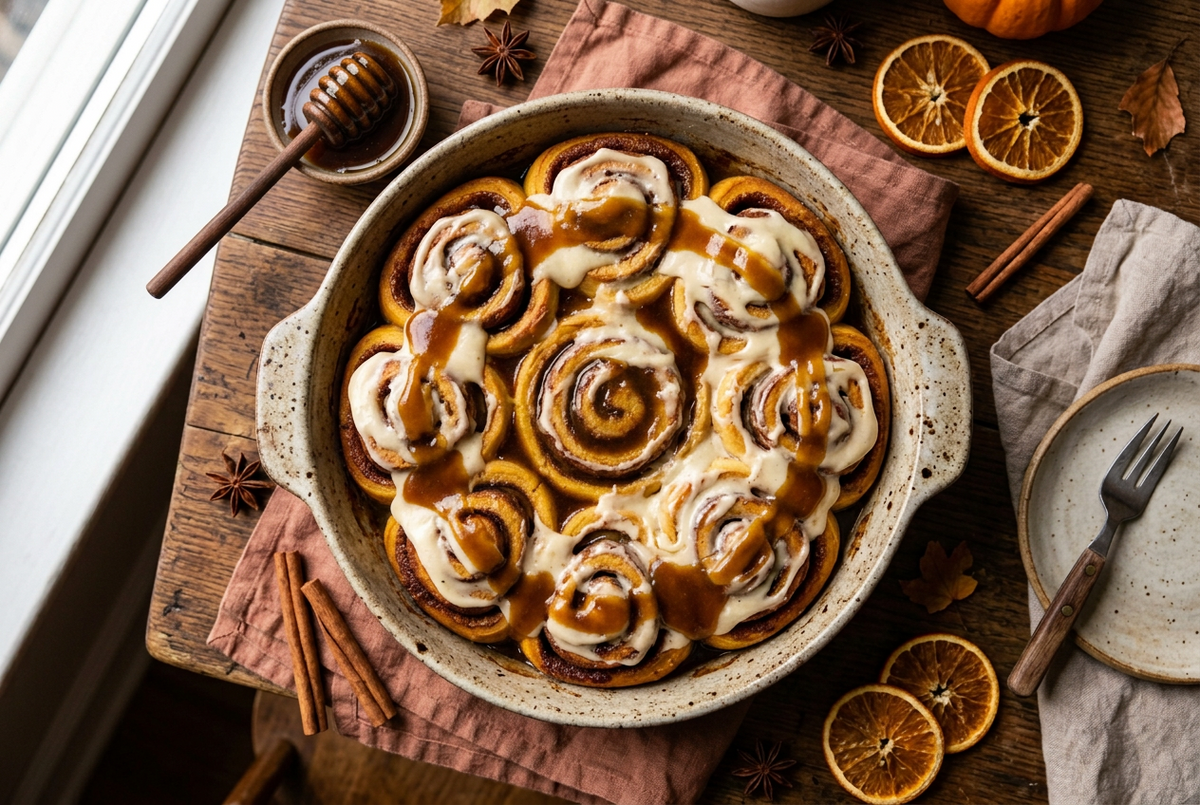Pumpkin Spice and Mānuka Hot Honey Cinnamon Rolls