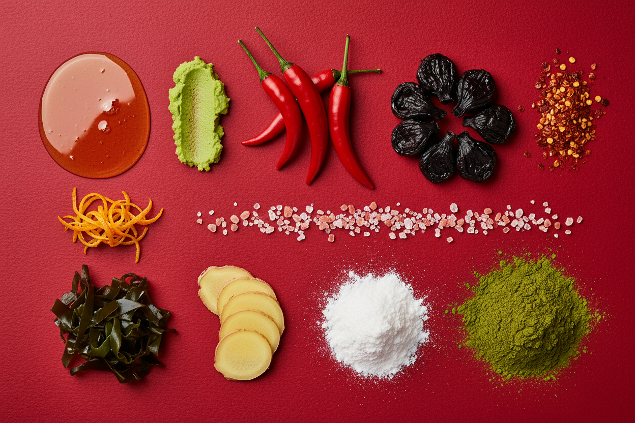 Ingredients. Flat lay Manuka honey, wasabi, chilli,black garlic, Himalayan salt, ginger, orange zest,  collagen poweder, kelp, macha. All ingredients in small amounts. No containers on a strong red background 